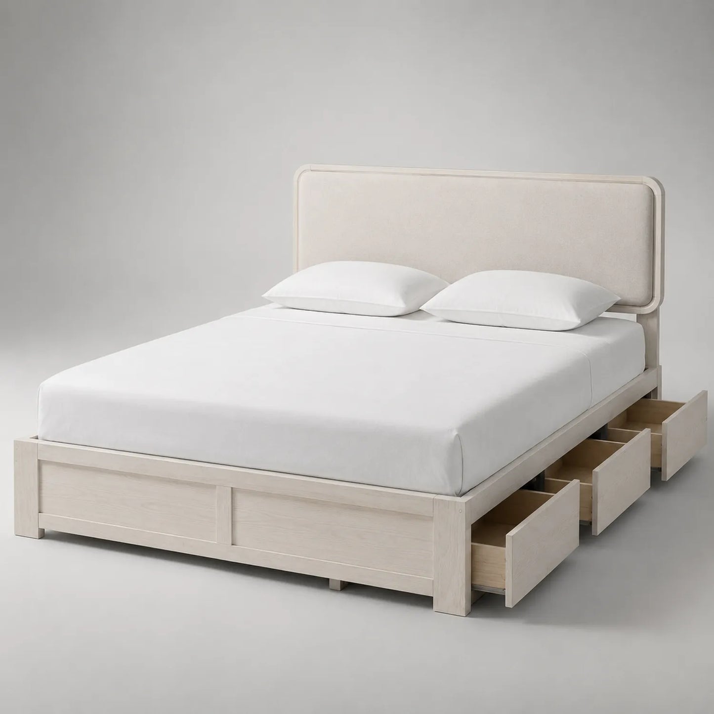 Holzbett mit Eiche, gepolstertem Kopfteil und Schubladen 200x180 cm Weiß