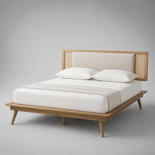 Doppelbett aus Eiche und Rattan mit Polsterkopfteil 200x160 cm Beige