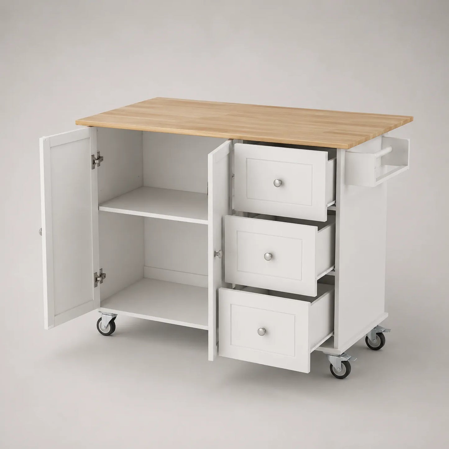 Kücheninsel mit Schubladen und Türen Weiß MDF und Buchenholz