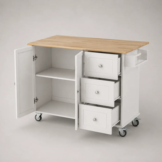 Kücheninsel mit Schubladen und Türen Weiß MDF und Buchenholz