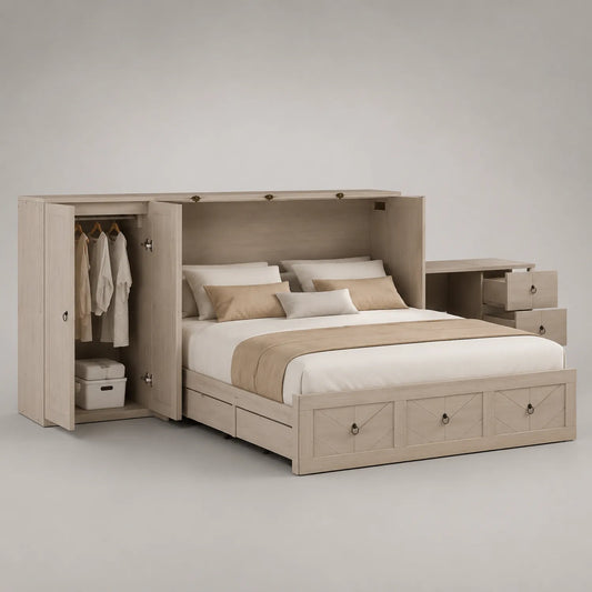 Schlafzimmerset mit Bett, Kleiderschrank und Nachttisch aus Eichenholz, Beige, 200x160cm