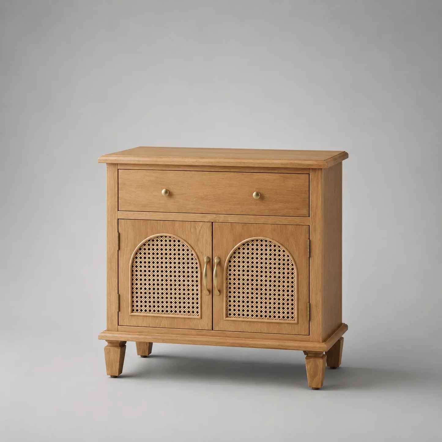 Nachttisch mit Schublade und Doppeltüren aus Eichenholz und Rattan 60x40x70cm Natur