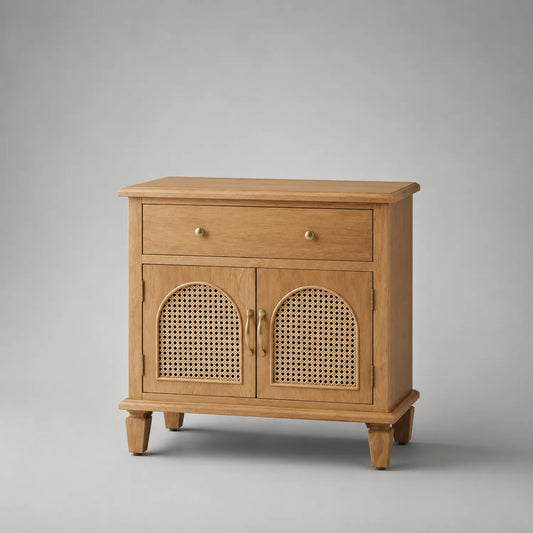 Nachttisch mit Schublade und Doppeltüren aus Eichenholz und Rattan 60x40x70cm Natur