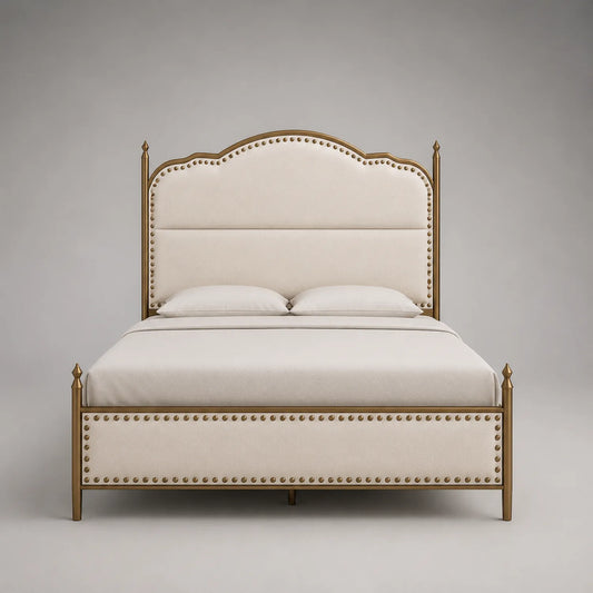 Bett aus Baumwollleinen mit Metallrahmen in Beige/Gold