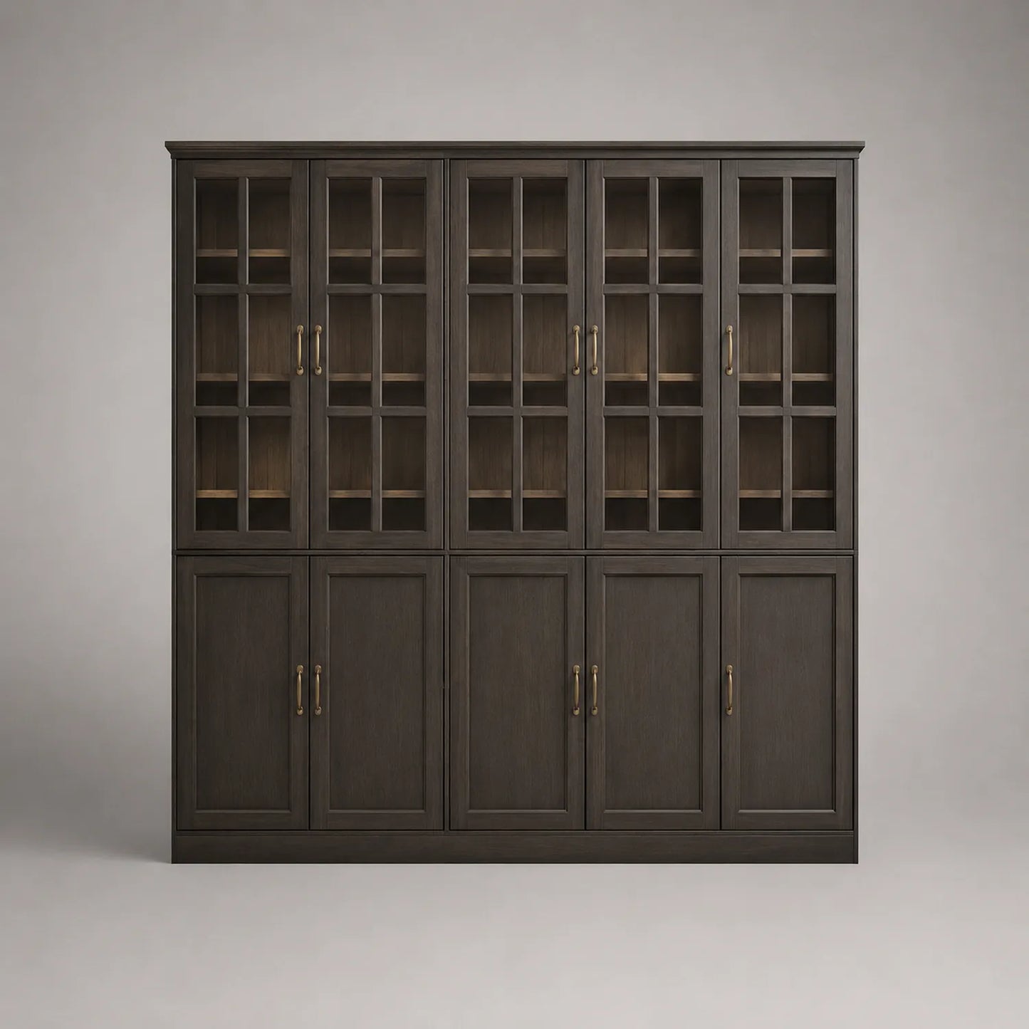 Eichenholz Bücherregal mit gehärteten Glastüren 210x300x45 cm Dunkelbraun