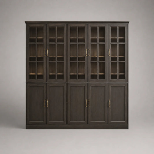 Eichenholz Bücherregal mit gehärteten Glastüren 210x300x45 cm Dunkelbraun