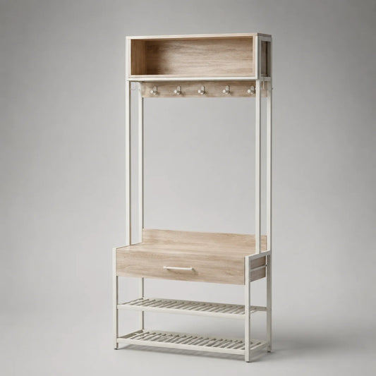 Metall-Holzgarderobe mit Schublade, Weiß und Holzoptik