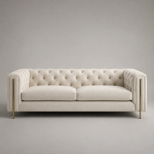 3-Sitzer Sofa Leinen Beige mit Knopfheftung und Metallbeinen, 220 cm