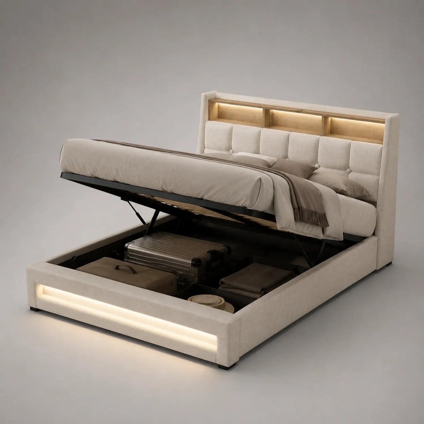 Leinenbett mit Stauraum und LED, 200x180 cm, Beige