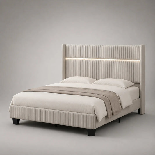 Stoffbett mit LED-Beleuchtung Creme 200x160 cm