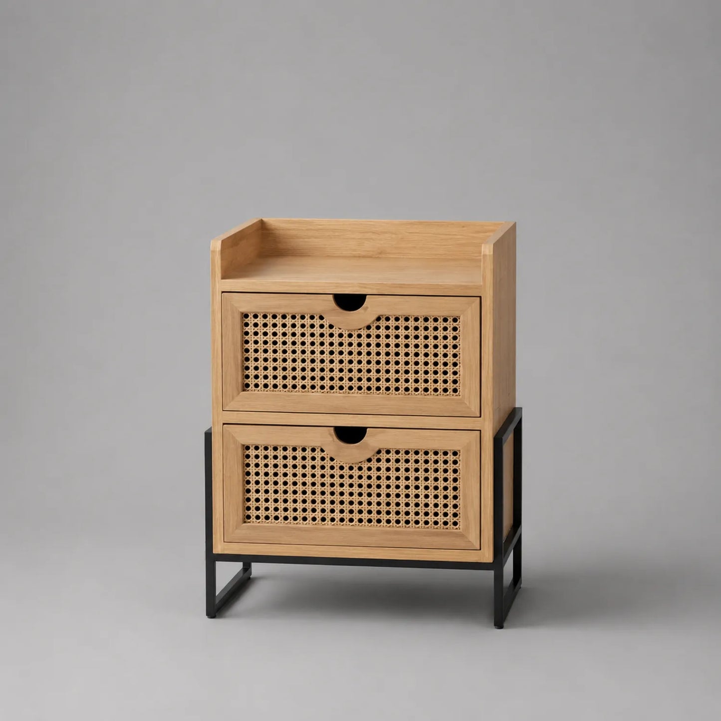 Nachttisch aus Holz und Rattan mit Metallrahmen, 2 Schubladen, 60x40x30 cm