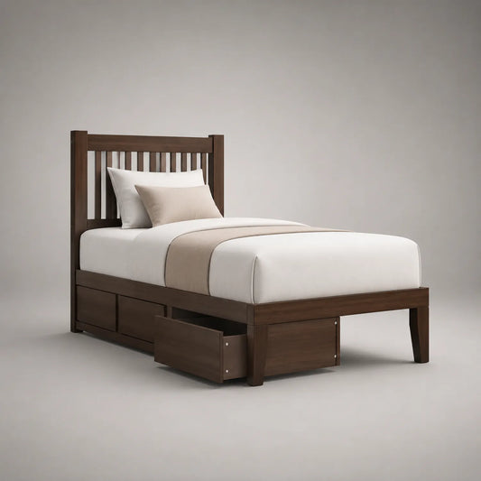 Holz Einzelbett mit Schubladen aus massiver Eiche Braun