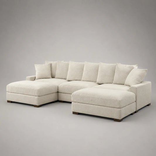 Ecksofa mit Ottomane aus Holz und Polyester Creme