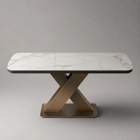 Esstisch mit Marmor-Tischplatte und X-förmigem Metallgestell 180cm Weiß/Gold
