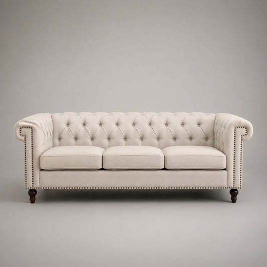 Chesterfield 3-Sitzer Sofa Polyestergewebe Beige Massivholzrahmen