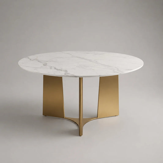 Runder Marmortisch mit Edelstahlgestell, Weiß und Gold, 120 cm