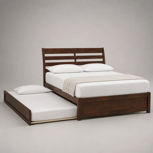 Holz-Doppelbett mit ausziehbarem Gästebett Dunkelbraun