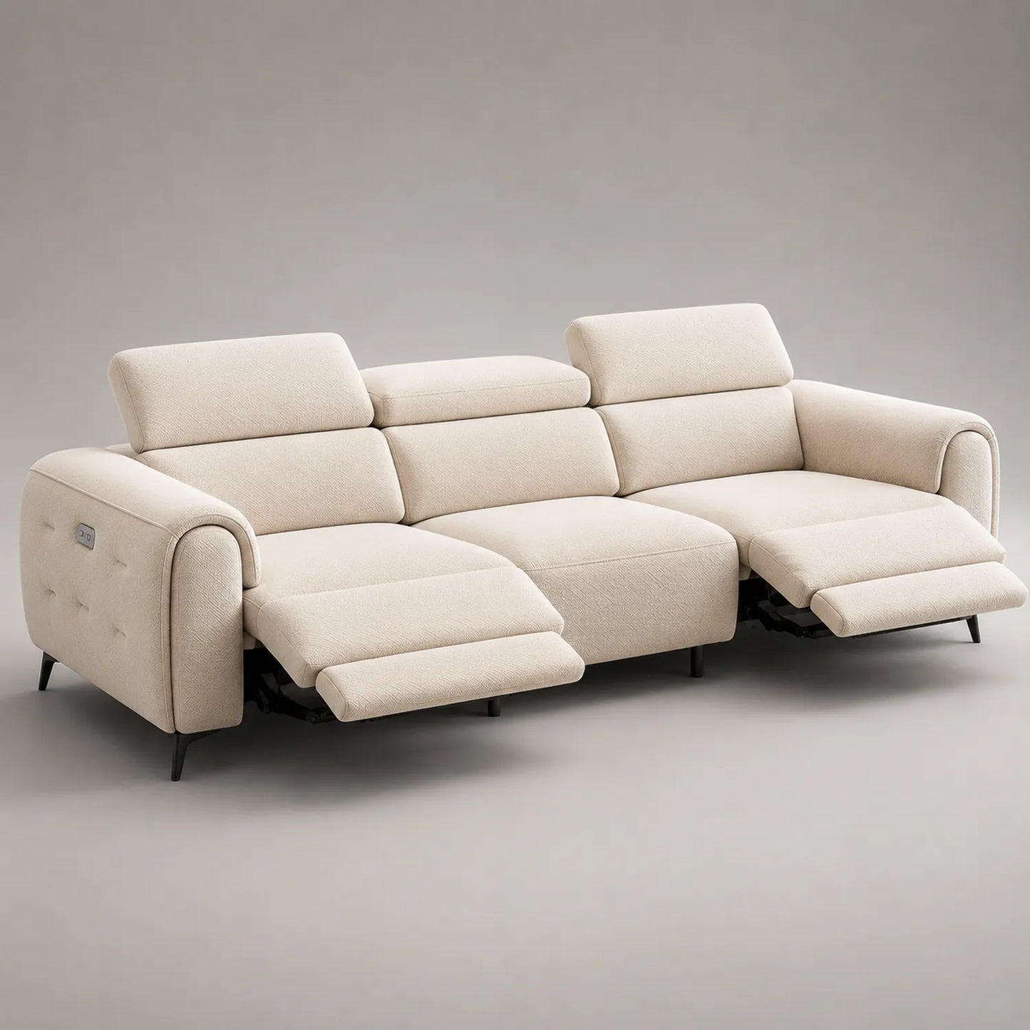 3-Sitzer Sofa mit verstellbaren Kopfstützen und Liegefunktion, Beige, Stoff, Metallfüße