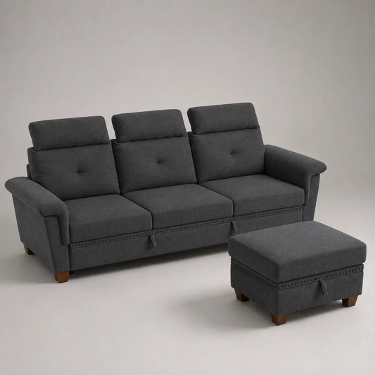 3-Sitzer Sofa Set mit Hocker Dunkelgrau Polyester